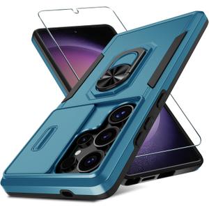 Compatible with Samsung Galaxy S25 Ultra Case Built in Slide Camera Lens Cover+Screen Protector+Ring Holder,Heavy Duty Shockproof Full Body Phone Cover,2025 Blue