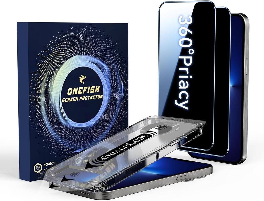 OneFish for iPhone 16e/13/13 Pro/14 Privacy Screen Protector, 4-Way 360 Anti-Spy Tempered Glass, 9H Hardness, HD Clear Anti-Fingerprint 3D Curved Edges, Case-Friendly & Easy Installation [2 Pack]