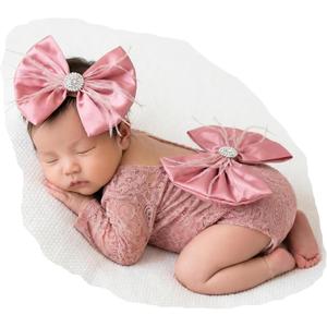 Zeroest Newborn Photography Props, Infant Girl Photoshoot Lace Romper & Bow Headband Outfit, Baby Photo Props for Newborns