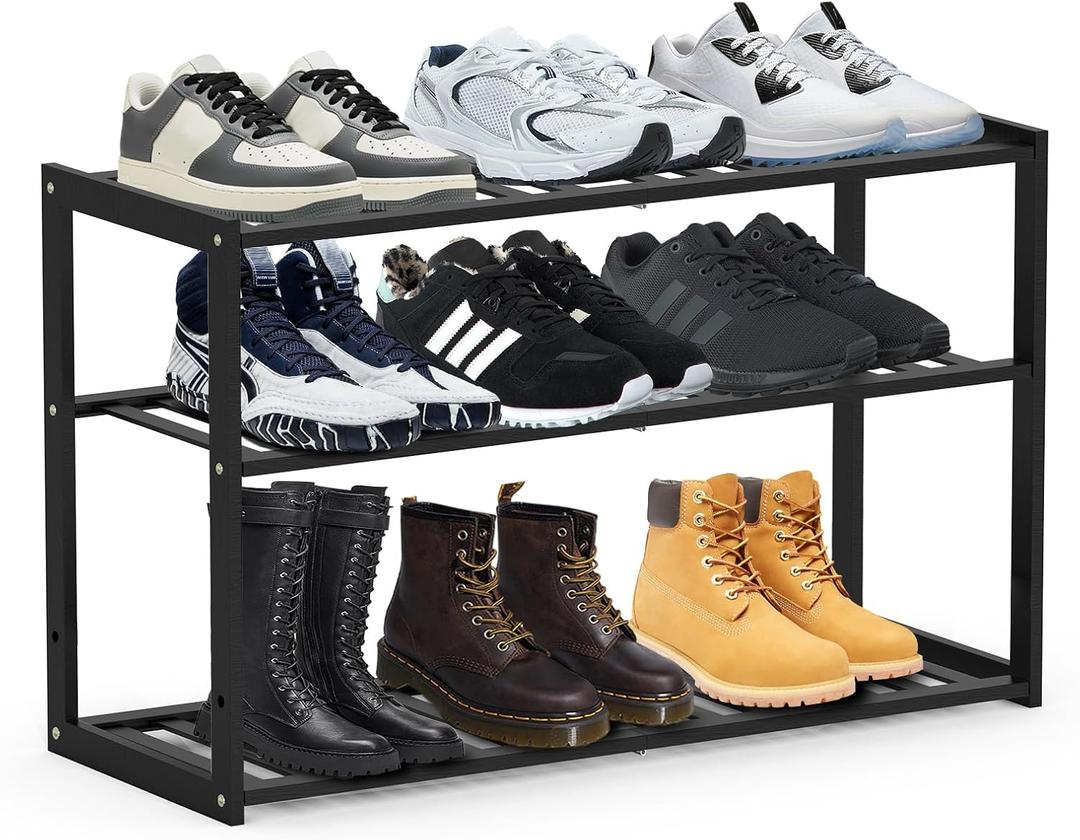 Jripae Bamboo Shoe Rack for Entryway, Stackable 3 Tier Shoe Organizer Shelf Storage 9-12 Pairs Shoes Stand Cubby for Closet Door Hallway Bedroom Garage Black, Thanksgiving, 3-tier-short/27.5*10.5*17in