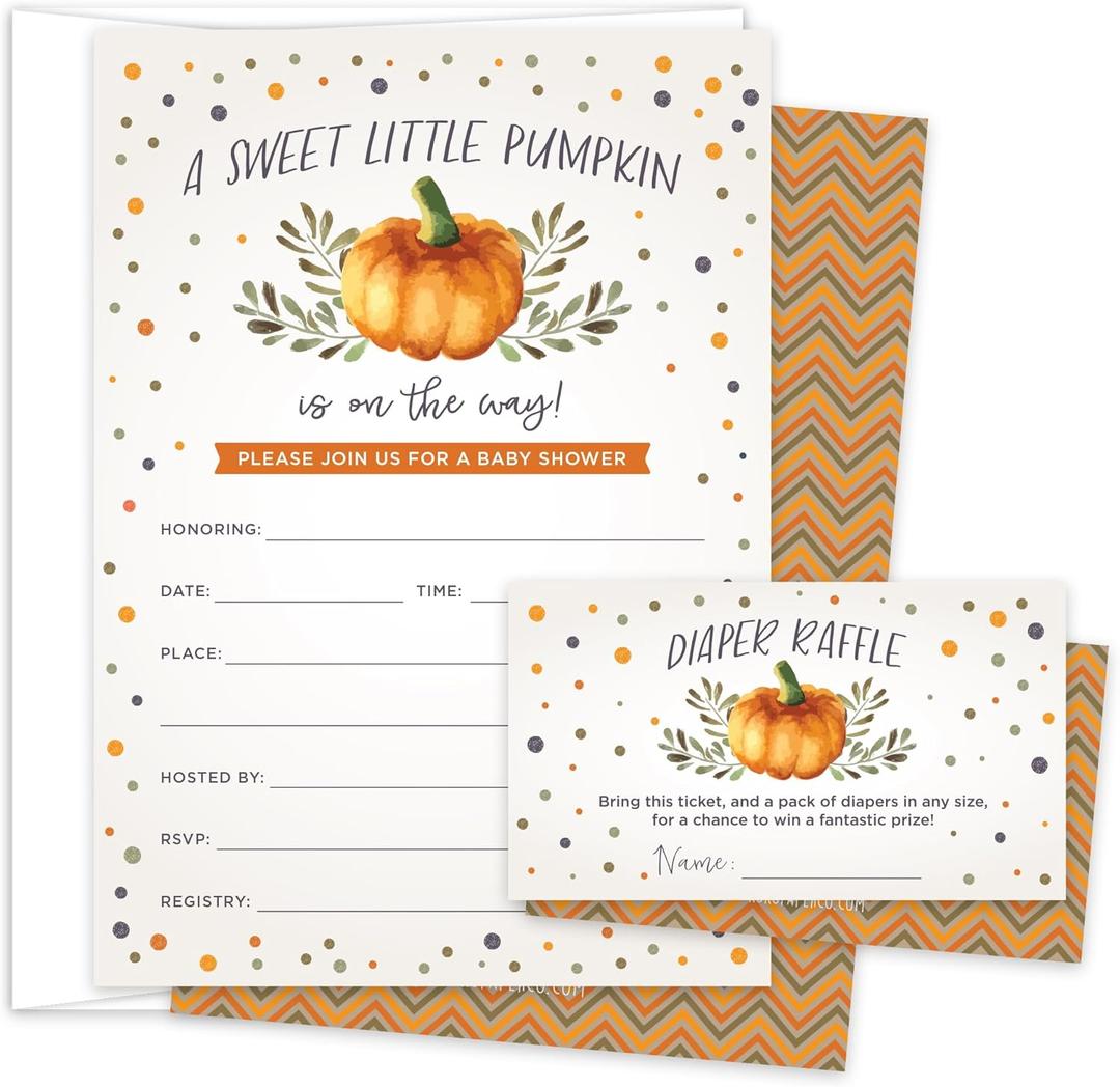 Koko Paper Co Sweet Little Pumpkin Baby Shower Invitations & Diaper Raffle Tickets  Fall Baby Shower Set  25 Invites, Envelopes & Raffle Cards  Made in the USA Koko Paper Co Sweet Little Pumpkin Baby Shower Invitations & Diaper Raffle Tickets  Fall Baby Shower Set  25 Invites, Envelopes & Raffle Cards  Made in the USA
