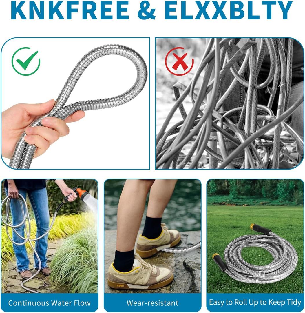 Metal 100 FT Garden Hose, Stainless Steel Heavy Duty Water Hoses Adjustable Spray Nozzle Lightweight No Kink Garden Hoses for Yard, Outdoor,Car