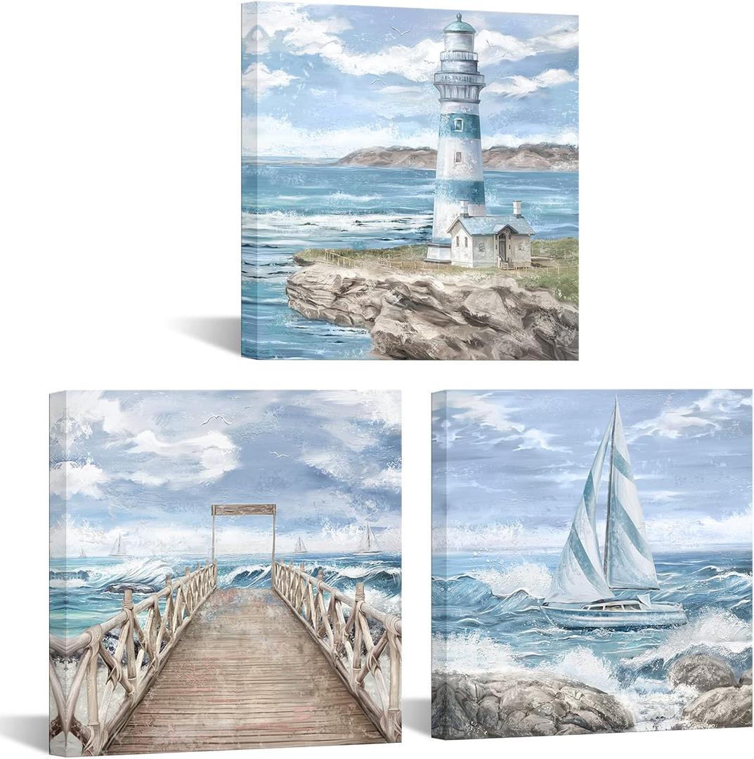 Artsbay Ocean Landscape Wall Art Blue Lighthouse Canvas Print Painting Boat Bridge Artwork Beach Modern Seascape Decorations Pictures for Living Room Bedroom Home Office 12" W x 12" H x 3pcs