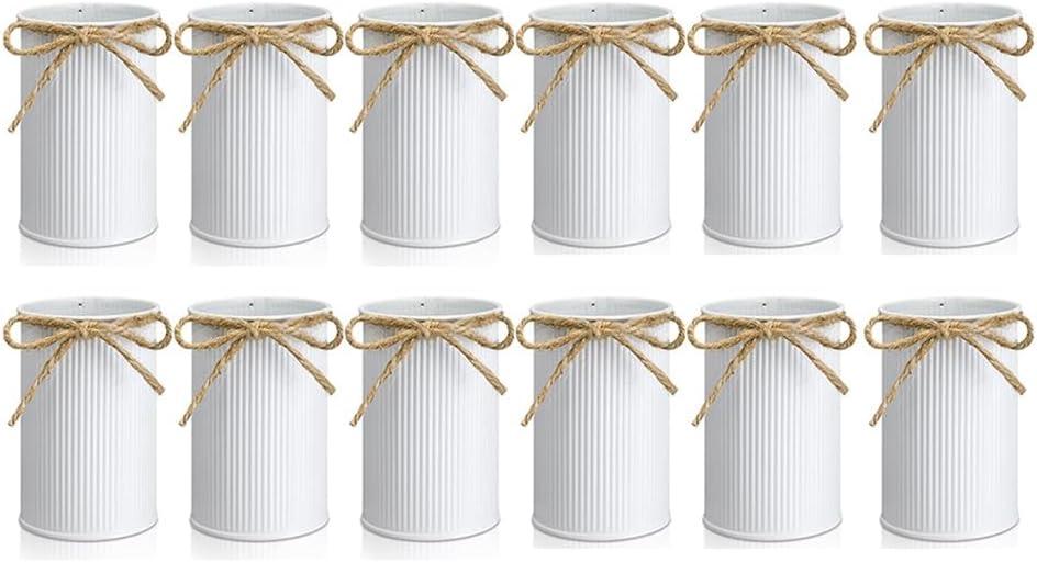 12pcs Rustic White Metal Farmhouse Vase Set with Twine Bow for Table Centerpiece