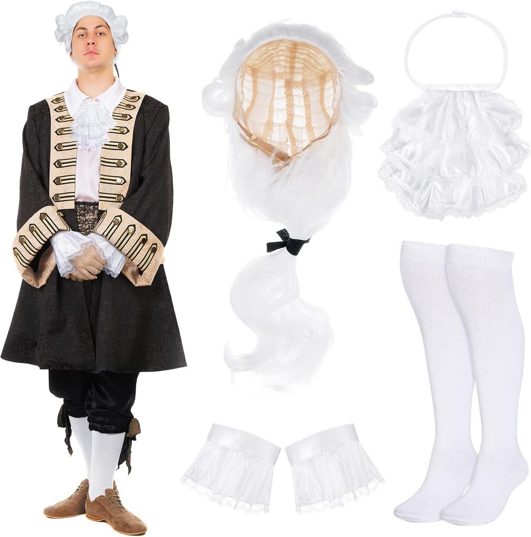 Funtery Washington Costume Founding Father Colonial Historical Judge Halloween Cosplay Accessories White Powdered Wig Jabot Collar Socks for Men Adult
