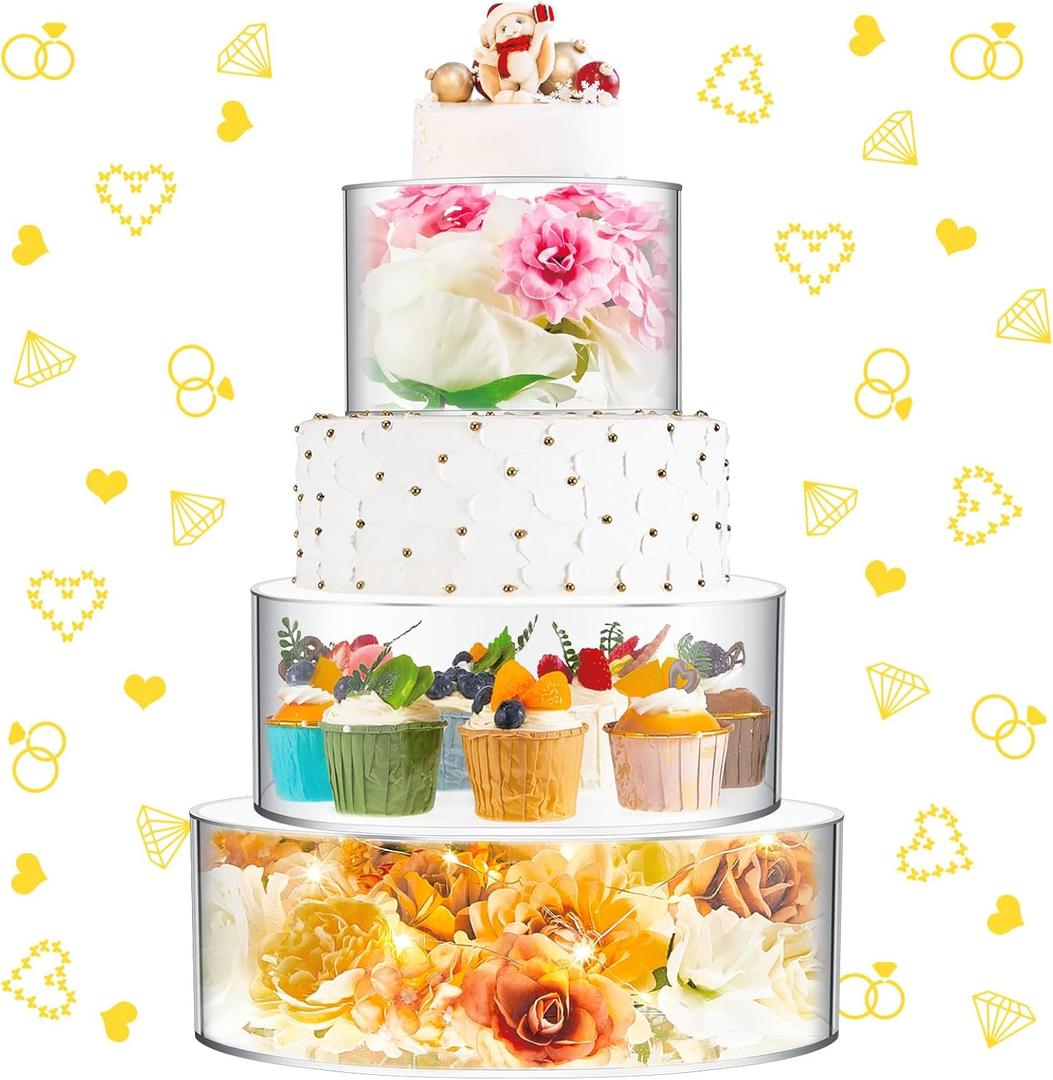 Sintuff 3 Pcs Acrylic Cake Stand with LED Lights 12, 14, 16 Clear Fillable Cake Riser Round 3 Tier Case Cylinder Box for Wedding Birthday Holiday Party Food Display, 3 Sizes