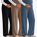 3 Pack Women's Maternity Pants Over The Belly Pregnancy Pants Stretchy Loose Wide Leg Lounge Pajama with Pockets, Size L