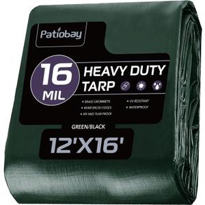 Patiobay Tarp 12x16 Feet, 16 Mil Large Waterproof Tarps Heavy Duty with Brass Grommets, Thick Plastic Tarp, UV Resistant Tear&Fade Resistant, Reinforced Edges for Outdoor Pool Car Camp Tent