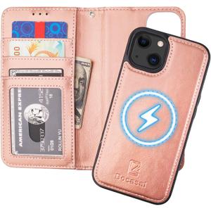 Bocasal for iPhone 13 Wallet Case Compatible with MagSafe Wireless Charging, RFID Blocking Magnetic Leather Case with Card Slots Holder Kickstand Detachable Wrist Strap 6.1 Inch (Rose Gold)