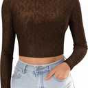 MANGOPOP Women's Short Sleeve Long Sleeve Sheer Mesh Crop Tops Tee Shirt Blouse (M)