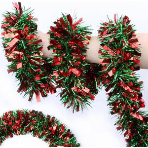 50FT Red Green Christmas Tinsel Garland Metallic Twist Shiny Garland for Xmas Tree Decorations, Xmas Holiday Hanging Decor for Home Mantle Stair Indoor Outdoor Christmas Party Supplies Decor