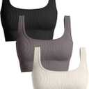 OQQ Women's 3 Piece Medium Support Tank Top Ribbed Seamless Removable Cups Workout Exercise Sport Bra (Black Tea Leaf Beige)