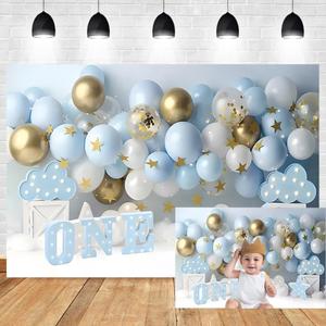 Leyiyi 7x5ft 3D Balloons Backdrop for Boy 1st Birthday Party White Gold Blue Balloons Cloud Sky Star Cake Smash Backdrop for Kids First Birthday Party Baby Shower Background Cake Table Banner