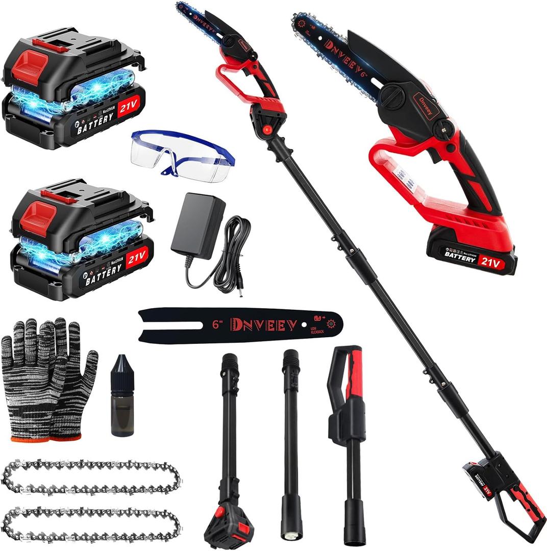 Cordless Pole Saw for Tree Trimming, 2-in-1 Electric Pole Saw & Mini Chainsaw Kit with 2x 21V Batteries, Long Reach for High Branches (DZJ3024)