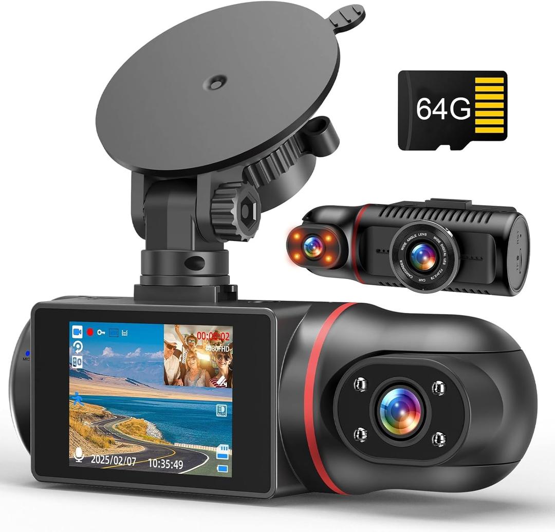 Dash Cam Front and Inside, FHD Dashcams for Cars with 64GB Card Dash Camera for Cars, 1080P Front Dash Cam+1080P Inside Dashcam for Car Dash Camera with IR Night Vision Loop Recording