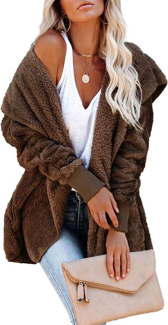 Dokotoo Womens 2025 Winter Long Sleeve Solid Fuzzy Fleece Open Front Hooded Cardigans Jacket Coats Outerwear with Pocket (Small)