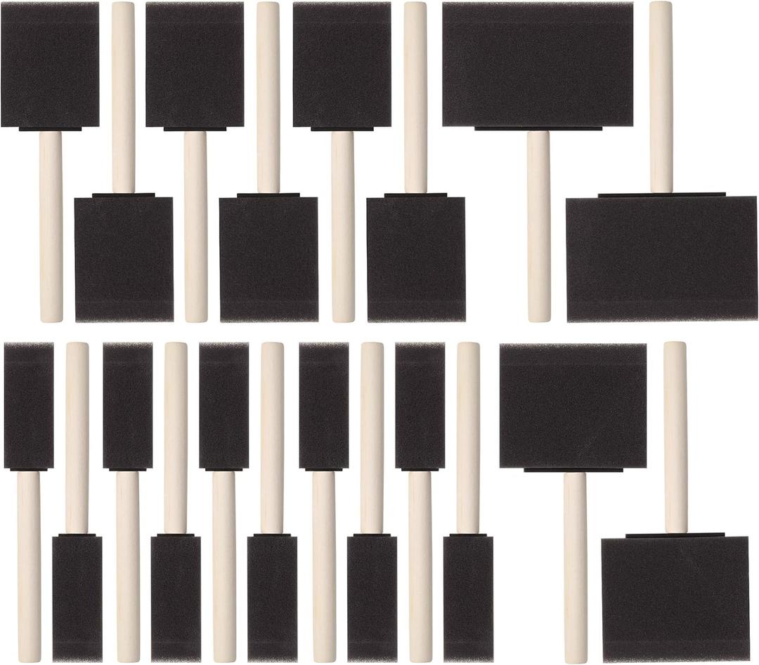 Bates- Foam Paint Brushes, 1, 2, 3" & 4, 20 Pack, Wooden Handle, Sponge Brushes for Painting, Staining, Varnishes, Gluing and DIY Craft Projects on Wood, Metal & More