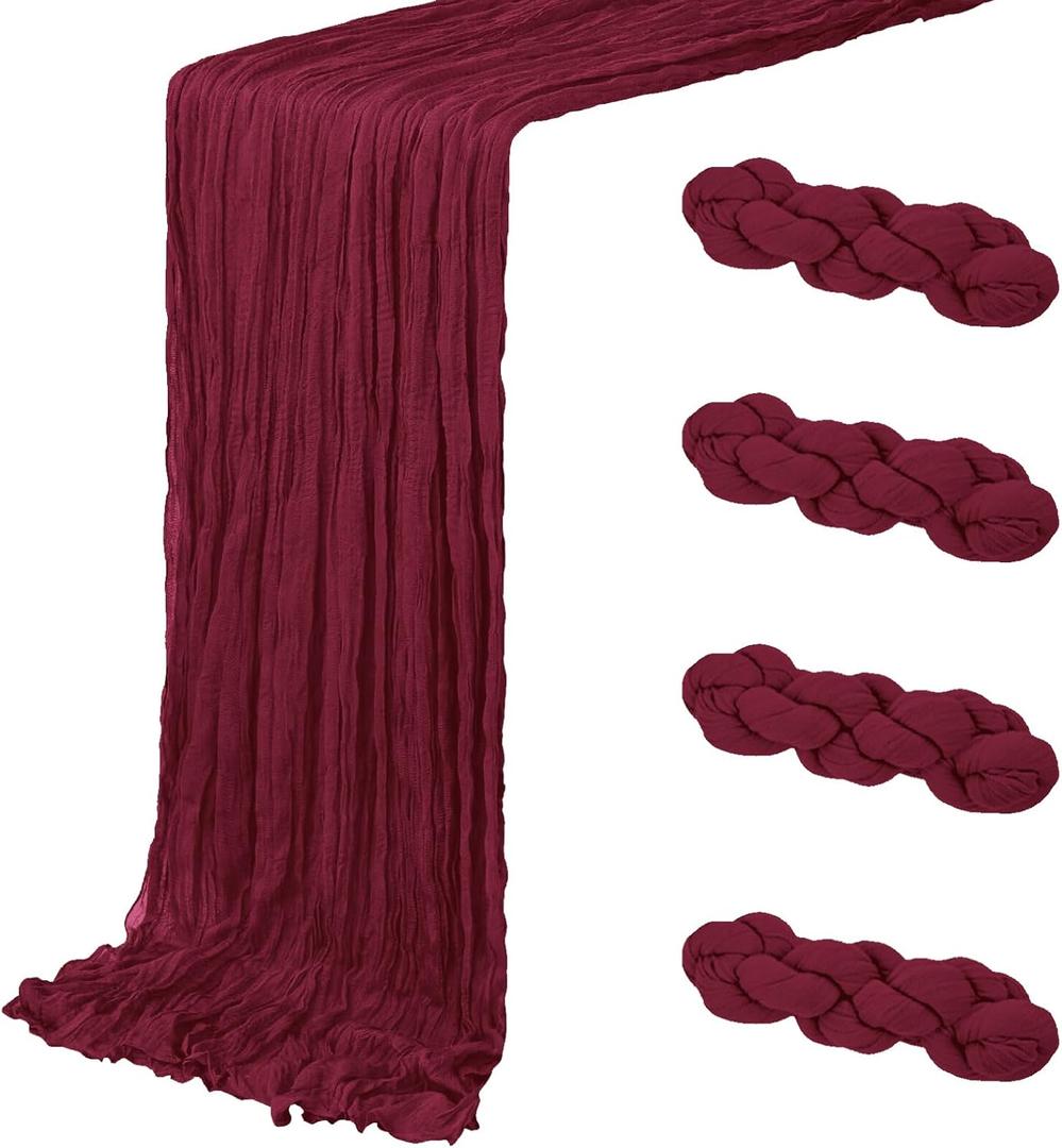 4 Pack Burgundy Cheesecloth Table Runner 20 x 120 inch Gauze Table Runners 10 FT Long, Semi Sheer Boho Cheese Cloth Fabric Table Runner Bulk for Party, Wedding, Baby Shower, Bridal Shower Decoration