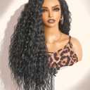 GORGIUS Glueless Deep Ocean Wave Lace Front Wigs Natural Black Long Wig Upgrade with Heat Restistant Synthetic Fiber Pre Cut Pre Plucked Hairline 28Inch