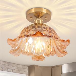 Semi Flush Mount Ceiling Light,Hallway Vintage Lights E26 Fixture Ceiling Green 11" Vintage Light Fixtures for Closet Hallway Kitchen Dining Room (Flower Amber)