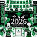 Graduation Decorations Class of 2026, Green Graduation Decorations Set, Banner & Backdrop, Porch Sign, Hanging Swirls, Balloons, Honeycomb Centerpieces, Graduation Guest Book for Congrats Grad Party