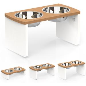 Elevated Dog Bowls, Waterproof Raised Dog Bowl for Medium & Large Dogs, HIPS Poly Lumber Stand with 2 Stainless Steel Bowls, Indoor & Outdoor Use (10'' Tall48 oz Bowl, Teak-White)