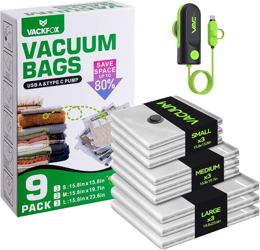 Travel Vacuum Bags with USB & TYPE C Pump, 9 Pack Carry-On Vacuum Storage Bags for Luggage & Suitcase, Vacuum Luggage Bags, Space Saver for Clothes & Travel (Green)