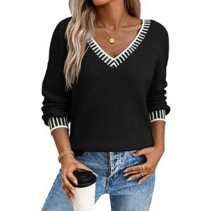 Dokotoo Womens Sweaters Casual V Neck Long Sleeve Contrast Knit Pullover Sweater Solid Fall Outfits Tops (Medium, Black)