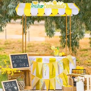 Tioncy 6 Pcs Fresh Lemonade Stand Kits Hut Decor (Without Table) Include Shelf Banner Roof Pennant Table Skirt for Photo Props Outdoor Lemon Themed Party Decor (Desk Is Not Included)