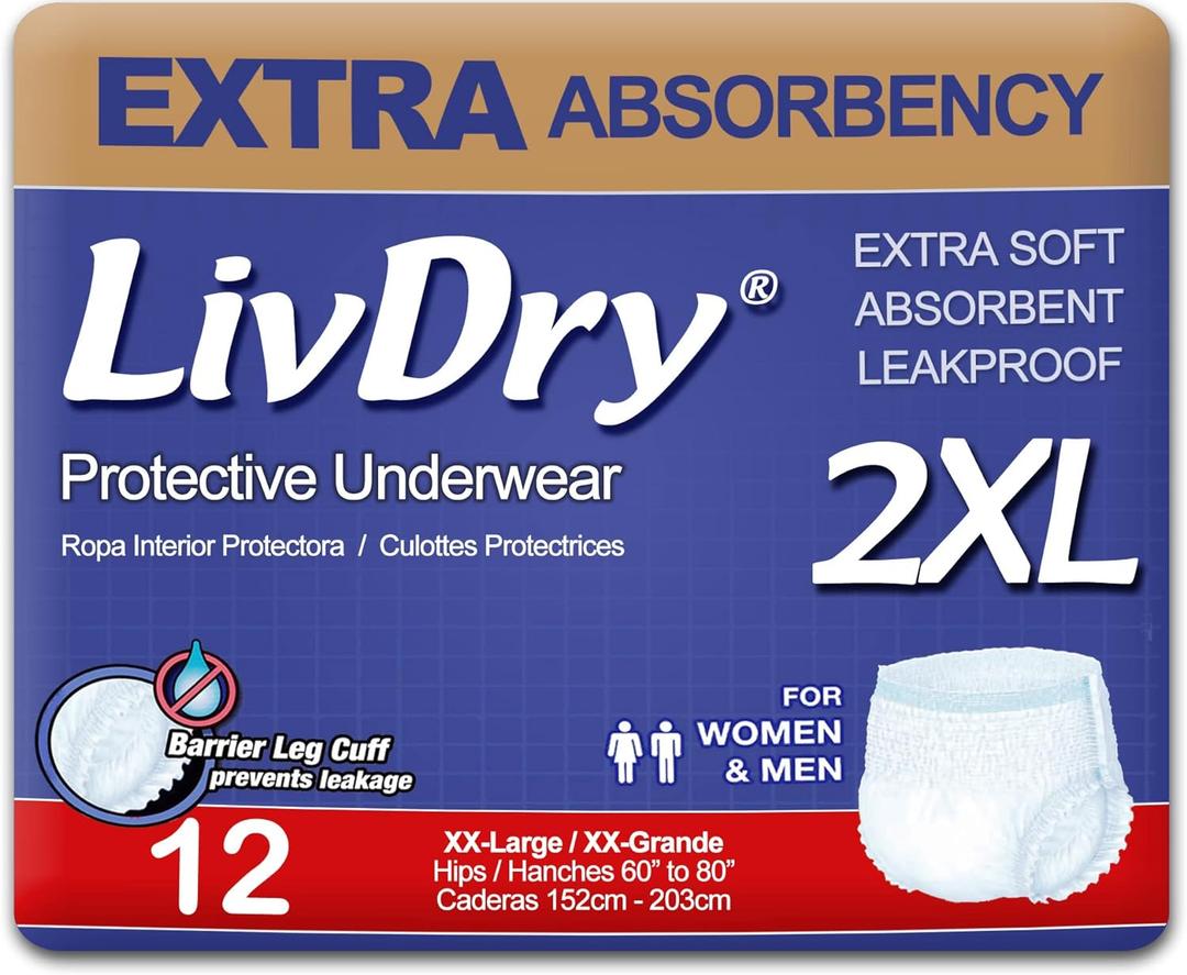 LivDry Adult XXL Incontinence Underwear, Extra Absorbency Adult Diapers, Leak Protection, XX-Large, 12-Pack