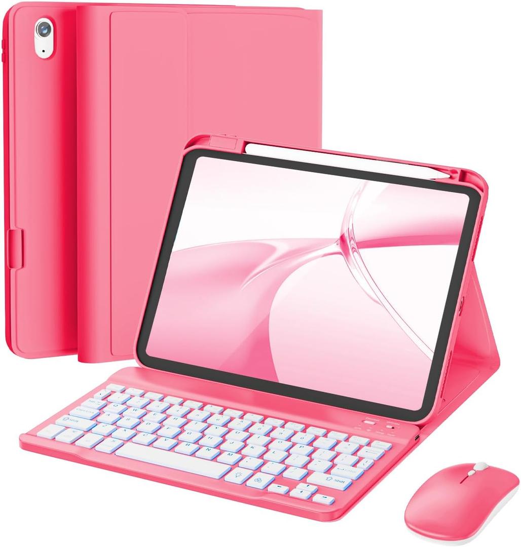 RAYMCRAFT for iPad Air 11-inch Case with Keyboard M4/M3/M2 (2026/2025/2024), Mouse and Detachable Wireless Keyboard Combo for iPad Air 5th/4th 10.9-inch, 7-Color Backlight with Pencil Holder, Hot Pink