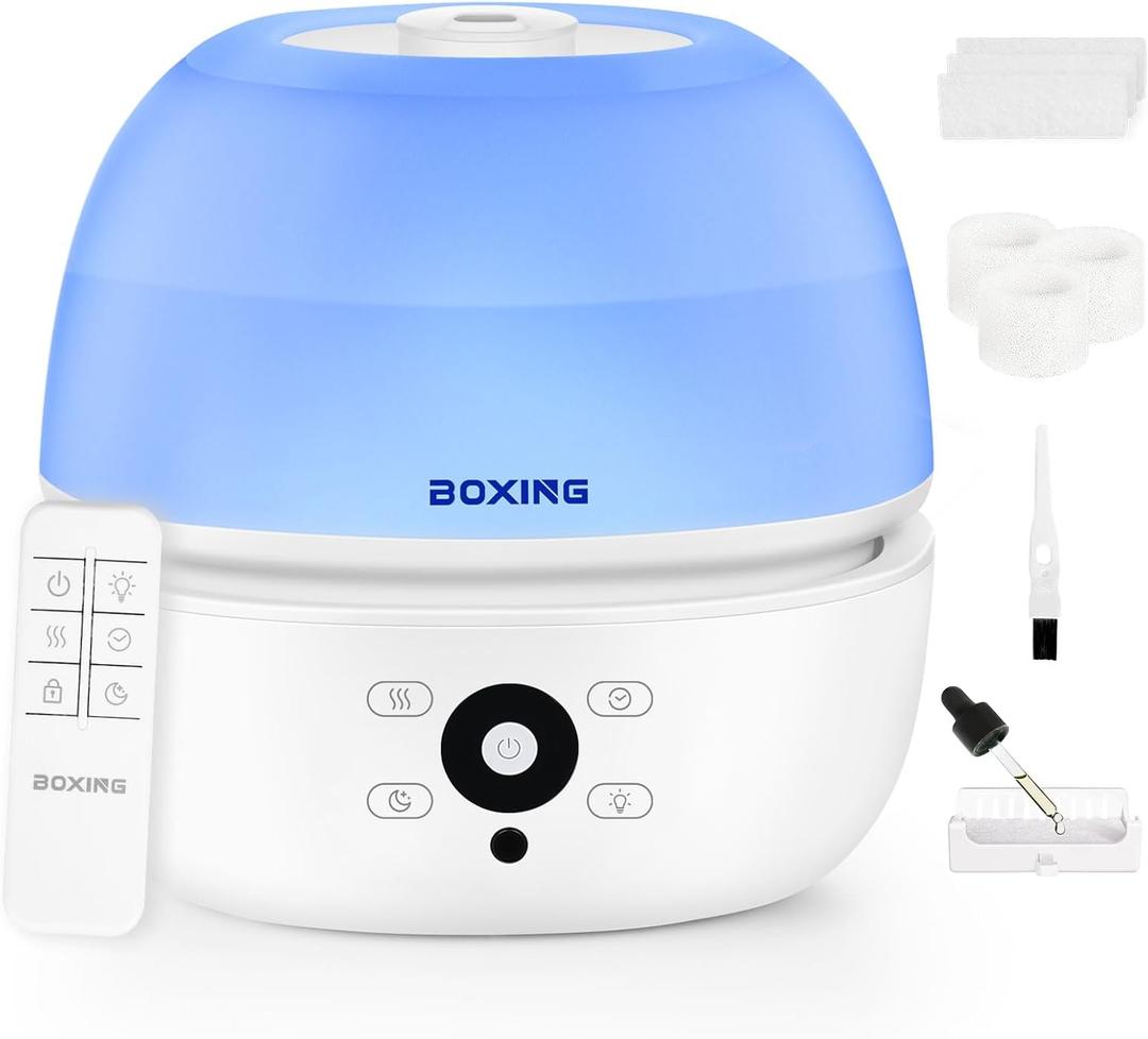 BOXING Top Fill Humidifiers for Bedroom Baby with Easy Remote, 20dB Quiet Cool Mist Air Humidifier for Large Room Home & Indoor Plants, 7 Color Night Light, Essential Oil Tray, Timer, Sleep Mode,3L