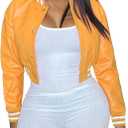 Xaspee Varsity Bomber Jacket Women Causal Baseball Crop Top Letterman Faux Leather Snap Button Sports Outwear Jackets (XX-Large, Yellow)