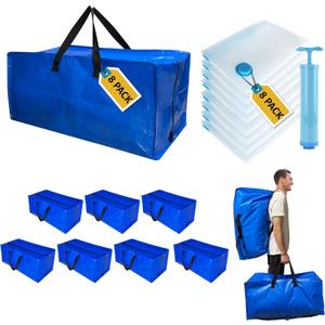 16 Pack Heavy Duty Extra Large Moving Bags with Backpack Straps & Large Vacuum Storage Bags Moving Supply Combo, Moving Totes with Handles & Zippers for Space Saving, Fold Flat, Includes Vacuum Bags (16 Pack-8 Moving Bags+8 Vacuum Bags)