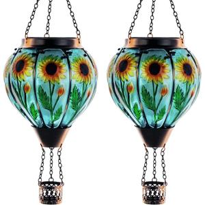 Starsoul 2 PC Sunflowers Hot Air Balloon Solar Lantern with Flame Glass Hanging Outdoor Hot Air Balloon Solar Light Waterproof Garden Patio Yard Party Decorations