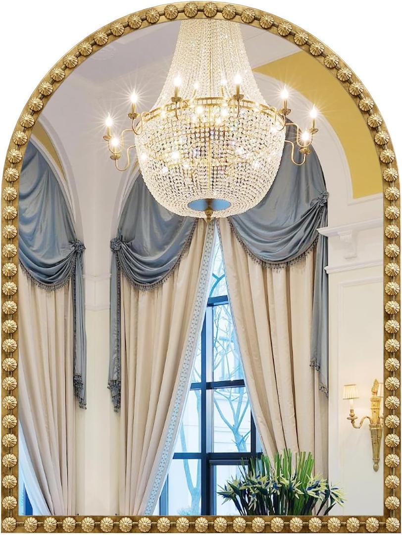 Arched Mirror for Wall, 24"x32" Gold Arch Bathroom Vanity Mirror, Metal Flower Frame Decorative Arch Wall Mirror, Antique Gold Arched Mirror for Washroom, Bedroom, Entryway, Living Room