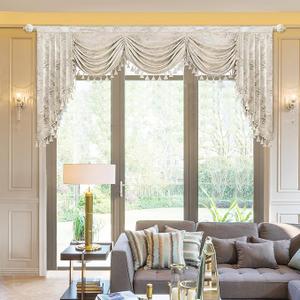 Loom and Mill Luxury Waterfall Valances for Windows, Elegant Jacquard Thick Swag Curtains Valance with Tassels for Living Room, Bedroom Party Banquet Decorations (Light Apricot, W79 Inch, 1 Panel)