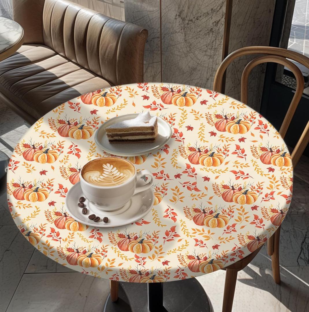 Round Table Cover for Round Tables 36"-70", Fitted Tablecloth with Elastic for Indoor Outdoor Party Holiday, 60inch, Pumpkin