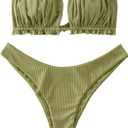 ZAFUL Women 2 Piece Strapless Bikini Swimsuits Ruffle Ribbed Self Tie Bandeau Bikini Set High Cut String Bathing Suits (Medium, 1-grass Green)