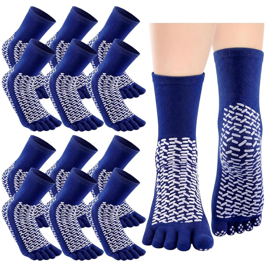 Cutecrop 6 Pairs Non Slip Five Toe Socks Hospital Socks with Grips Double Sided Non Slip Gripper Safety Fall Prevention for Adults Elderly Bariatric Home Hospital(Blue)