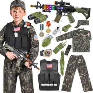 Metemot Kids Army Costume for Boys, Military Soldier Costume with Army Toys, Boys Halloween Costumes with Army Vest, Soldier Boy Dress up Costumes for Play Age 3-12, Halloween Birthday Gift for Kids, Size Large