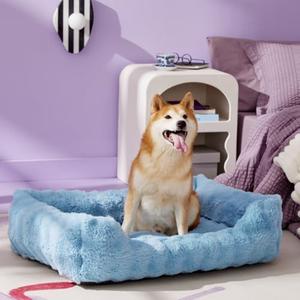 Lesure Fluffy Dog Beds for Large Dogs - Orthopedic Rectangle Calming Pet Bed,Plush Bubble Bolster Pet Sofa with Removable Washable Cover and Nonskid Bottom,36x27x8inches,Blue