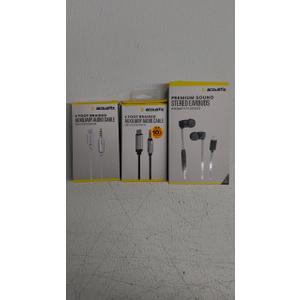 6Foot Braided Aux Audio Cable 8pin to 3.5 Connector, 6 foot Braided USBC to 3.5 Connector, and Premium Sound Sterio Earbuds With apple 8pin connector, by acoustix.