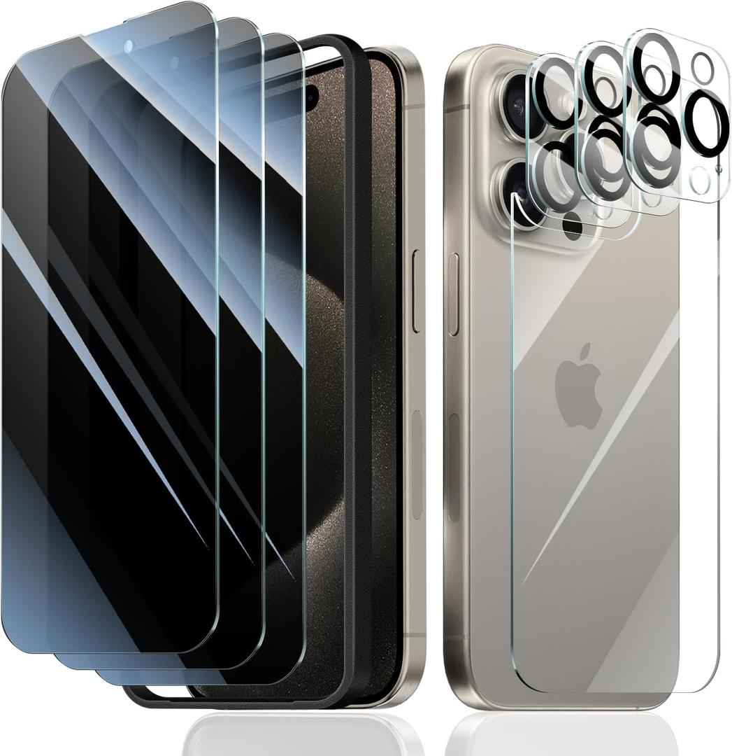 3+3+1+1-Pack, Privacy Screen Protector and Camera Lens Protector for iPhone 15 Pro Max with Back Tempered Glass Film & Installation Alignment Aid, Anti-Spy, Dark Private Black Protection