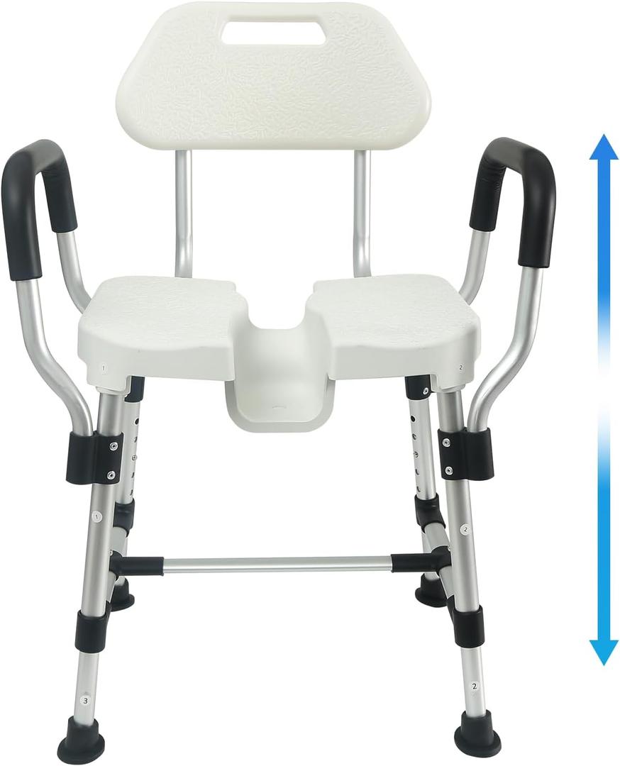 U-Shaped Shower Chair for Inside Shower, Heavy Duty Triple-Bar Base Reinforcement, with Arm and Back for Elderly and Disabled, Adjustable Height, Effortless Personal Hygiene Access
