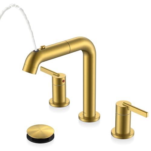 KENES Brushed Gold Pull Down Bathroom Faucet, 8 Inch 2 Handle Widespread Bathroom Faucet 3 Hole with Pull Out Sprayer, Bathroom Sink Faucet with Pop Up Drain & Supply Lines