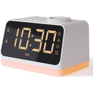 BABELIO Alarm Clock Sound Machine with Sleep Training, 17 Smoothing Sounds, Night Light, Timer, Gentle Wake up for Bedrooms, Adults, Kids and Baby (Lark, White)