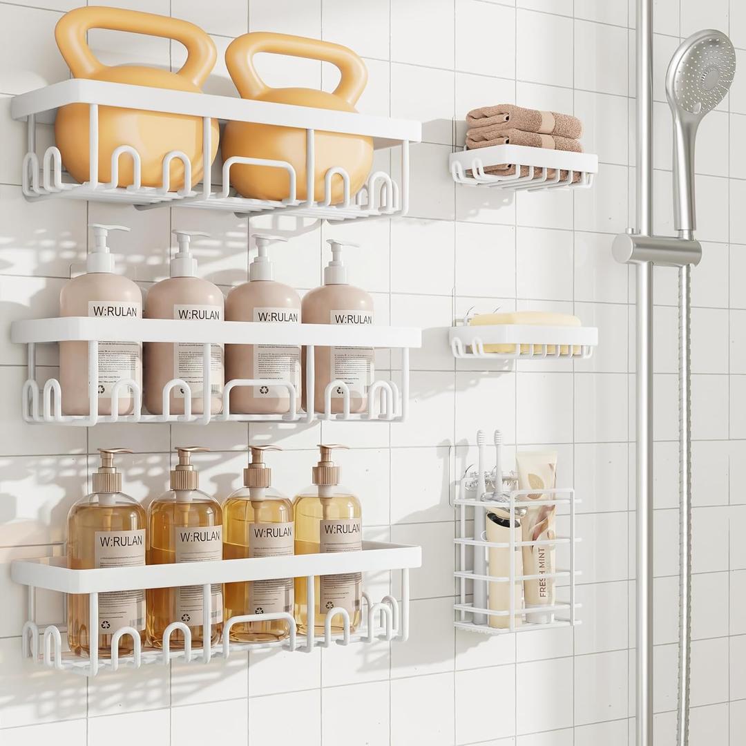 Veken 6-Pack Rustproof & Waterproof Shower Caddy, Adhesive Shelves Rack with Soap Holder, Large Bathroom & Washroom Organizer, No Drilling Wall-Mounted Kitchen & Home Decor, Ideal for Bathtub Storage, White