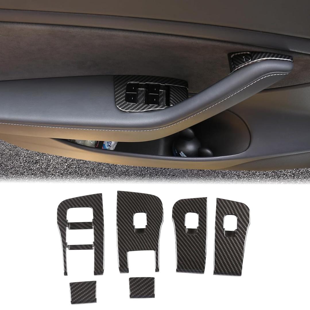 Car Door Window Glass Lift Button Panel Trim Cover Compatible with Tesla Model 3 2017-2023/Model Y 2020-2023, Front Rear Doors Armrest Window Control Power Switch Panel Decorative Frame Accessories (Carbon Fiber Pattern)