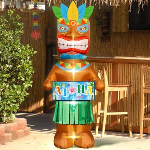 6FT Hawaiian Tiki Decorations Inflatable Luau Party Decorations Tiki Bar Decor with 4 LED Lights Summer Inflatables Outdoor for Beach Pool Tropical Aloha Birthday Party Supplies